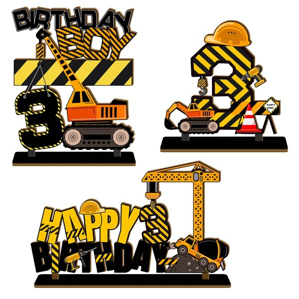ZCPTZ Construction Wooden Table Centerpiece Construction Birthday Party Supplies Truck 3rd Letter Sign for Boys Kids Birthday Decorations, 3 Pcs
