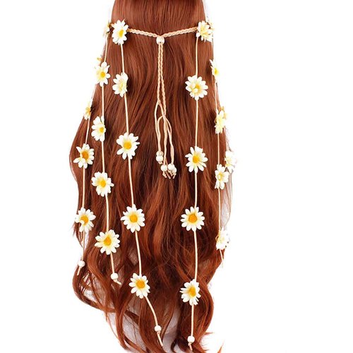 Women Lady Handmade Gypsy Hippie Sunflowers Headdress Fascinator Headband Floral Crown Bohemian Flower Headwear Headpiece Hairband (Beige)