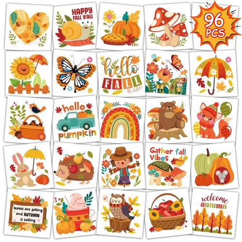 Konsait Fall Tattoos for Kids, 96Pcs Leaves Animal Pumpkin Fall Temporary Tattoos, Happy Fall Harvest Festival Tattoos Stickers, Fall Party Decorations Favors Accessories, 48 Design