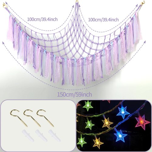 YELIENM Stuffed Animals Net or Hammock with LED Light, 59 inch Toy Hammock Net for Stuffed Animals Corner Hanging Stuffed Animal Storage Stuffed Animal Holder for Nursery Kids Bedroom (Purple)…