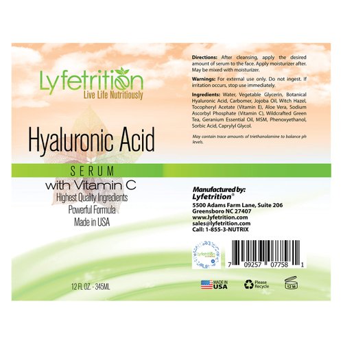 Lyfetrition Hyaluronic Acid Serum for Skin, Moisturizing and Hydrating Serum for All Types of Skin, 100% Natural Face Serum with Vitamin C & Aloe Vera (12 Fl Oz), Clear Serum, (Lyfe7581)