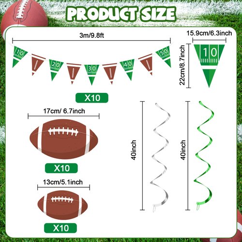 QOUBAI 52PCS Football Party Decorations Pre-Strung Football Hanging Swirls Garland Triangle Flags Sports Cutouts Foil Streamers Football Party Banners for Game Day Tailgate Birthday Party Supplies