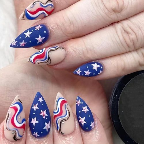 4th of July Press on Nails Stiletto,USA Independence Day False Nails with Red Blue Matte Design Patriotic Stars and Stripes Fake Nails Almond Shaped Nail Tips Full Cover Stick on Nails for Women Girls