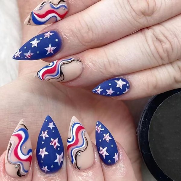 4th of July Press on Nails Stiletto,USA Independence Day False Nails with Red Blue Matte Design Patriotic Stars and Stripes Fake Nails Almond Shaped Nail Tips Full Cover Stick on Nails for Women Girls