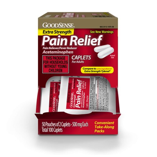 GoodSense Extra Strength Acetaminophen Caplets 500 mg, Pain Reliever and Fever Reducer, 100 Count, 50 Pouches of 2 Caplets