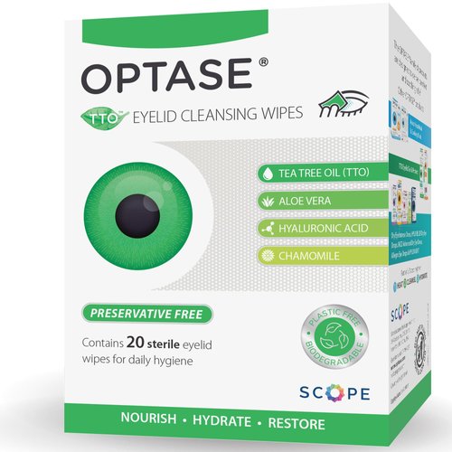 OPTASE TTO Eyelid Cleansing Wipes, Box of 20 - Individually Wrapped Eyelid Wipes With Tea Tree Oil - Eyelid Cleanser & Eye Makeup Remover Wipes - Eye Wipes for Dry Eyes, Stye, Blepharitis Treatment