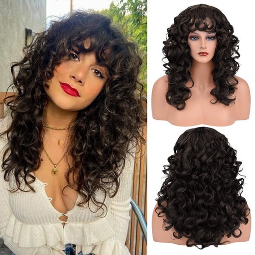 REECHO Curly wigs with Bangs for Women, Black Brown Curly Shag Synthetic Hair Replacement Wig for Daily Use Party Cosplay - 20 Inch Black Brown