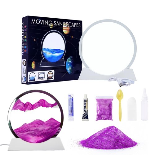 OLHKYN DIY Moving Sand Art Picture in Motion Kit,Round Glass 3D Deep Sea Landscape, Dynamic Sand Art Sandscapes, Relaxing Decor Craft Kit for Kids Adults(Purple,7inch)