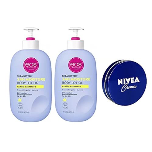 EOS Shea Better 24 Moisture Body Lotion. Vanilla Cashmere. 16 fl oz. ( Pack of 2) Travel Size Body Cream 1 Oz., 3 Piece Set