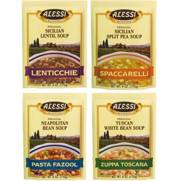 Alessi Athentic Italian Soup Mix 4 Flavor Variety Bundle: (1) Tuscan White Bean Soup, (1) Sicilian Lentil Soup, (1) Sicilian Split Pea Soup, and (1) Neapolitan Bean Soup, 4-6 Oz Ea