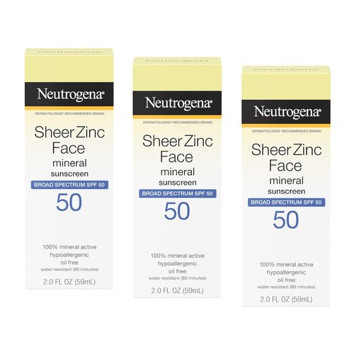 Neutrogena Sheer Zinc Dry-Touch SPF 50 Face Sunscreen, 2 Fluid Ounce -Pack of 3 (Package May Vary)
