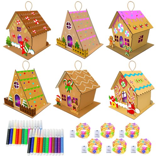6 Set Christmas Gingerbread Craft Kit，DIY Wooden Nativity Scene Castle House Kit to Build and Paint,Christian Wood Crafts Art Project Bulk Painting Kits for Winter Christmas Supplies Decoration