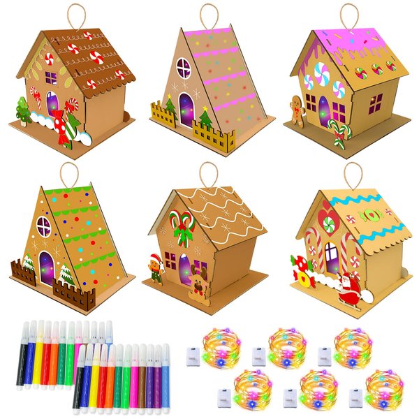 6 Set Christmas Gingerbread Craft Kit，DIY Wooden Nativity Scene Castle House Kit to Build and Paint,Christian Wood Crafts Art Project Bulk Painting Kits for Winter Christmas Supplies Decoration
