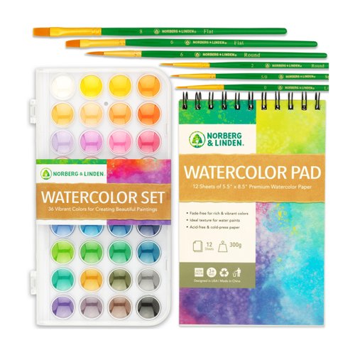 Watercolor Paint Set - 36 Premium Paints - 12 Page Pad - 6 Brushes - Painting Supplies with Palette, Watercolors, Art Pad Paper and Artist Brushes