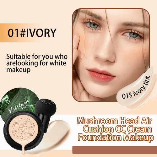 Mushroom Head Air Cushion CC Cream Foundation Makeup,Moisturizing Non-Greasy BB Cream Foundation,Long Lasting Matte Concealer Full Coverage Face Makeup Liquid Foundation for All Skin Types(Ivory)