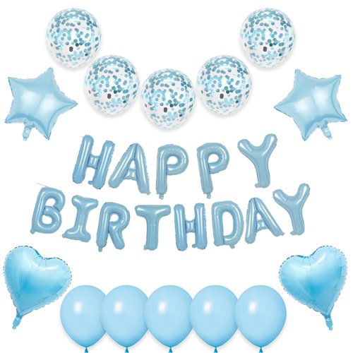WEIKA 27 Pcs Light Blue Birthday Decorations, 3D Letters Light Blue Happy Birthday Balloon Banner, Pentagram Heart Foil Balloons Confetti Balloons Kit For Boys Girls Birthday Party Supplies