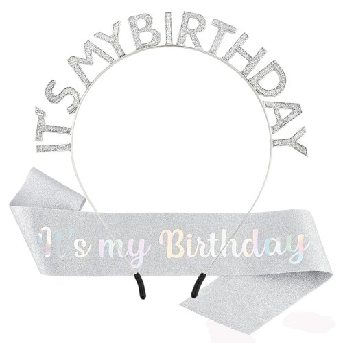 ACO-UINT Silver Birthday Crown for Girls, Cute Birthday Sash & Birthday Tiara for Women Set, Sweet Birthday Headband Birthday Decorations Birthday Gifts for Women