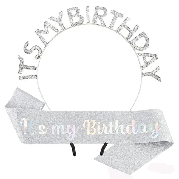 ACO-UINT Silver Birthday Crown for Girls, Cute Birthday Sash & Birthday Tiara for Women Set, Sweet Birthday Headband Birthday Decorations Birthday Gifts for Women