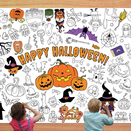 FATHER.SON Halloween Coloring Tablecloth for Kids, 47x70 Inches Drawing Poster for Boys Girls, Halloween Birthday Table Cover Decorations Party Supplies, Pumpkin Bat Ghost Paper Painting Mats