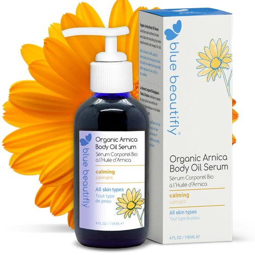 Blue Beautifly USDA Certified Organic Arnica Body Oil Serum | Relieves Muscle Soreness & Joint Pains | With Healthful Properties of Ashwagandha, Gotu Kola, and Comfrey's Allantoin | 4 fl oz
