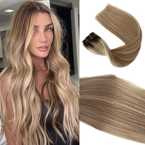 Clip in Hair Extensions Real Human Hair, 12 Inch Golden Blonde and Bleach Blonde Human Hair Clip in Extensions, Chocolate Brown Roots Natural Human Hair Extensions Clip ins 70g 7pcs