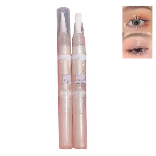 Cute Bear Liquid Glitter Highlighter Makeup Pen, Liquid Highlighter Stick, Liquid Glitter Eyeshadow, Pigmented, Long Lasting, Quick Drying, Easy to Apply, Lying Silkworm Body Shimmer Pen Set(2 PCS)