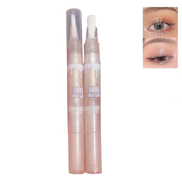 Cute Bear Liquid Glitter Highlighter Makeup Pen, Liquid Highlighter Stick, Liquid Glitter Eyeshadow, Pigmented, Long Lasting, Quick Drying, Easy to Apply, Lying Silkworm Body Shimmer Pen Set(2 PCS)