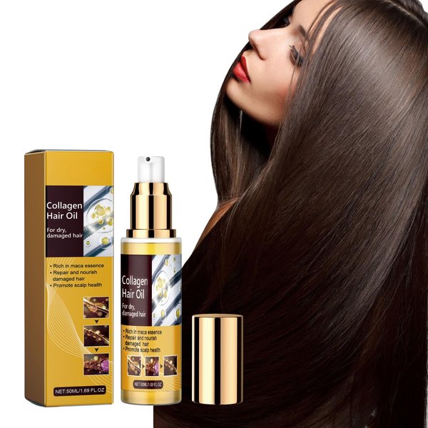 Collagen Hair Oil, Collagen Oil Serum, Pure Argan Oil for Hair Care, for Dry Damaged Hair Oil Hair Serum, Collagen Oil Hair Serum for Curly or Straight Thin Fine Hair, 50ml (1 Pcs)