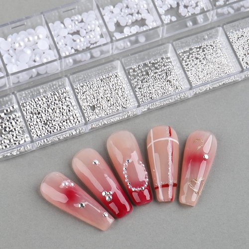 Dornail 1 Box/12 Grids Nail Art White Pearls for Nails Half Round Pearl Beads Nail Charms,Small Stainless Steel Beads Caviar Beads White Flatback Pearls for Women Nail Decoration DIY Nail Art Crafts