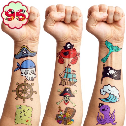 Pirate Temporary Tattoos Birthday Party Supplies Favors Decorations Mermaid Treasure Pirate Ship Captain Cute 96 PCS Tattoos Stickers for Kids Boys School Classroom Rewards Gifts Ideal Halloween
