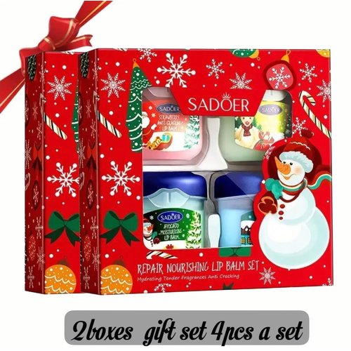 Set Of 2 Boxes Christmas Lip Balm Gift Box, 4pcs/set Strawberry, Milk, Avocado And Kiwi Lip Mask In Total 4 Types, Nourishing Lip Care Set Box, Suitable For Most Skin Types, With Plant Squalane