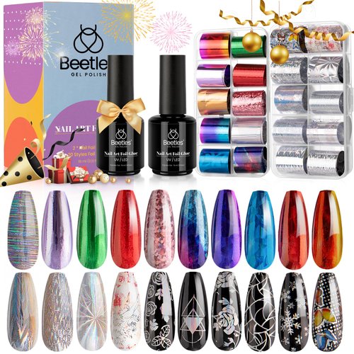 Beetles Nail Foil Glue Kit, 15ML 2 Bottles Tranfer Glue Gel with 20PCS Metal Holographic Flower Stickers Set Nail Foil Transfer Gel Set Manicure Art DIY Nail, LED Lamp Required Soak Off