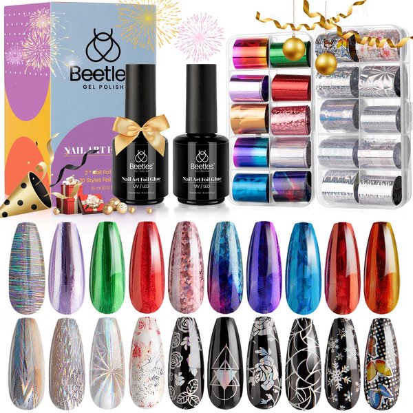 Beetles Nail Foil Glue Kit, 15ML 2 Bottles Tranfer Glue Gel with 20PCS Metal Holographic Flower Stickers Set Nail Foil Transfer Gel Set Manicure Art DIY Nail, LED Lamp Required Soak Off