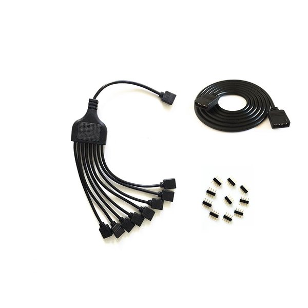 4 Pins black rgb LED Splitter Cable LED Strip Connector 8 Way Splitter Y Splitter for One to Eight RGB 5050 3528 LED Light Strips with,1m rgb wire，10x male to male 4pin plugs