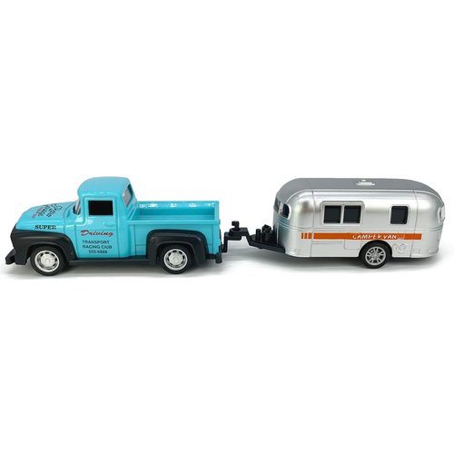 Vintage Blue Pickup Truck Trailer Towing Toy Camper RV Motorhome Toys for Boys Diecast Model Car Metal Pull Back Toy Cars 3 4 5 6 7 Year Old Toddler Kids Birthday Gifts Cake Topper Home Office Décor
