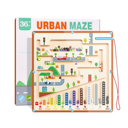 Magnetic Color and Number Maze Wooden Puzzle Activity Board Toddler Fine Motor Skills Toys Montessori Toys for 3+ Years Old City Traffic Design (Orange)