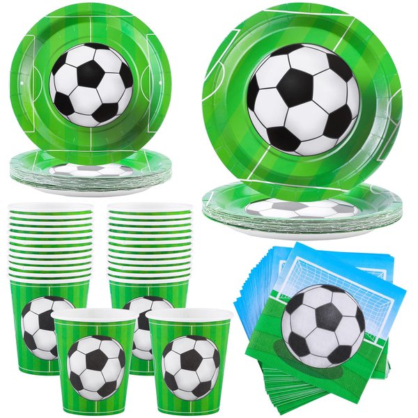 ADXCO 96 Pieces Soccer Party Supplies Soccer Themed Party Tableware Including Paper Plates Cups Napkins for Soccer Birthday Decorations, Serves 24 Guests