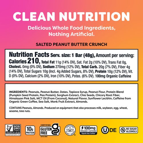 Quantum Energy Square: Energy Bar with Caffeine & 10g Protein. Delicious Healthy Snack On The Go. (Vegan, Gluten-free, Soy-free, Dairy-free). Flavor: Salted Peanut Butter Crunch 8Pk