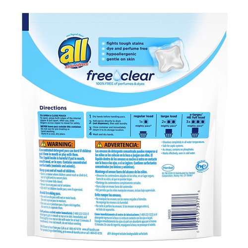 All Mighty Pacs Laundry Detergent, Free Clear for Sensitive Skin, 19 Count Pods (Pack of 2)