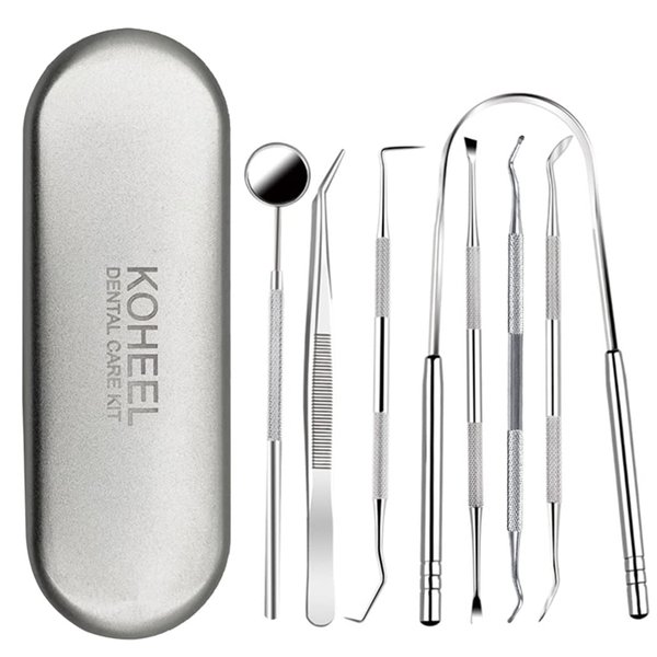 KOHEEL Dental Tools with Metal Case, 8 Count Teeth Cleaning Tools Set, Remove Plaque, Oral Care Hygiene Kit with 2 Type of Tongue Scraper, Tartar Scraper, Gum Cleaner, Dental Probe and Dental Tweezer