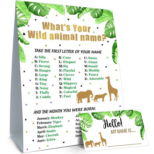 What's your wild Animal Name game - wild Animal birthday party game,Girl and Boy Birthday Supplies, Activity, Decorations(1 wild Animal Theme Sign and 30 Name Tag Stickers)