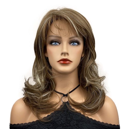 Wiginway Long Wavy Synthetic Wigs with Natural Looking Air Bangs Imported Premium Heat Resistant Hair for Women 14 Inch Medium Golden Brown