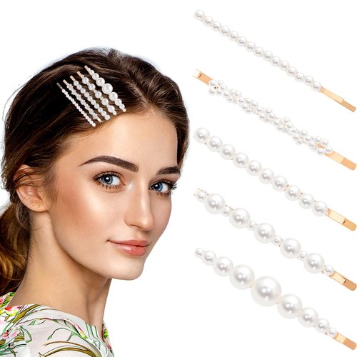 SmallCat 5 PCS Pearl Bobby Pins, Alloy Pearl Hair Clips, Elegant Pearl Hairpins, Decorative Hair Accessories Pearl Hair Barrettes for Women Brides Wedding Valentines -Gold