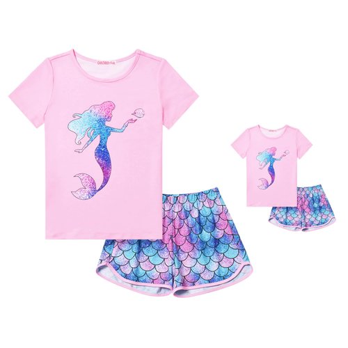 CHILDRENSTAR Mermaid Pajama Matching Dolls&Girls Pjs Sets Cotton Sleep Shirt for Kids,Size 6 7