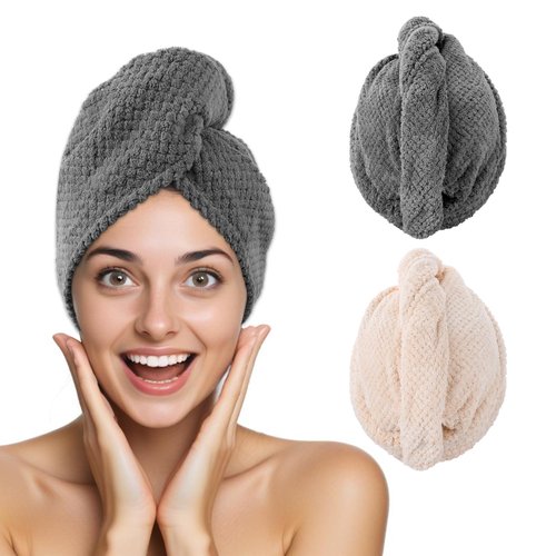 ZEYIYER 2 Pack Hair Wrap Towel Microfibre Towel Turban, Super Absorbent Hair Turban Anti-frizz Hair Drying Towel with Button for Women Girl Thick Long Wet Hair