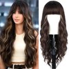 MINLEE Long Brown Wavy Wig for Women 26 Inch Wigs with Bangs Natural Looking, Synthetic Heat Resistant Fiber Wig for Daily Party Use (Brown Mix Blonde)
