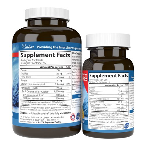 Carlson - Elite Omega-3 Gems,1600 mg Omega-3 Fatty Acids Including EPA and DHA,Norwegian, Wild-Caught fish oil Supplement,Sustainably Sourced Capsules, Lemon, 90+30 Softgels