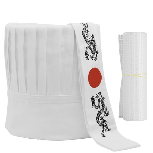 Hibachi Chef Hat Teppanyaki Tall Chef Cap with hachimaki Headband Tie for Chef (Cotton, White)