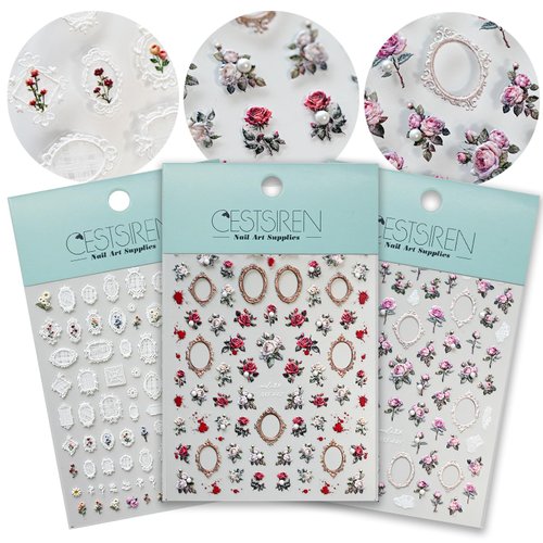 CESTSIREN Rose Flower Frame Nail Art Stickers Pearl Rhinestones Embossed Vintage Nail Decals for Nail Art Design Self-Adhesive Nail Accessories for Women Nail Art Supplies 3 Sheets