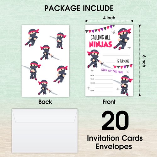 LWBEO 20 Birthday Invitation Cards With Envelopes， Happy Birthday Celebration Invitation for Boys or Girls, Ninja Girls Warrior Party Birthday Party Supplies -A45